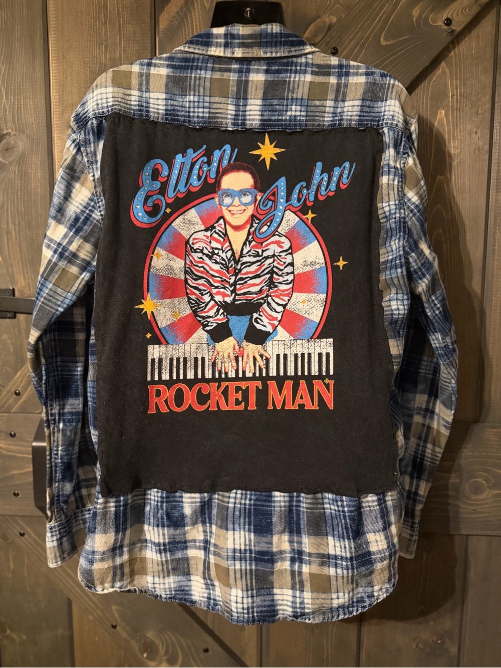 Upcycled Elton John Rocket Man Graphic Flannel Shirt - Blue/White/Brown Large